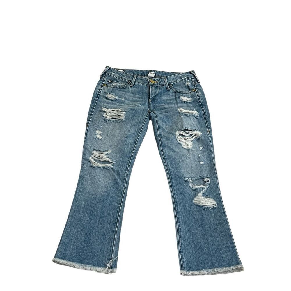 True Religion Womens Distressed Low Rise Bell Bottom Karlie Jeans Blue Size 25